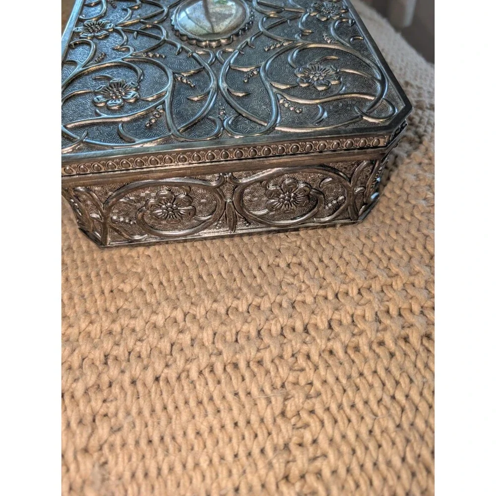 Vtg GODINGER Silver Plated Jewelry Box  Ornate Floral Embossed Felt Lining 9.5